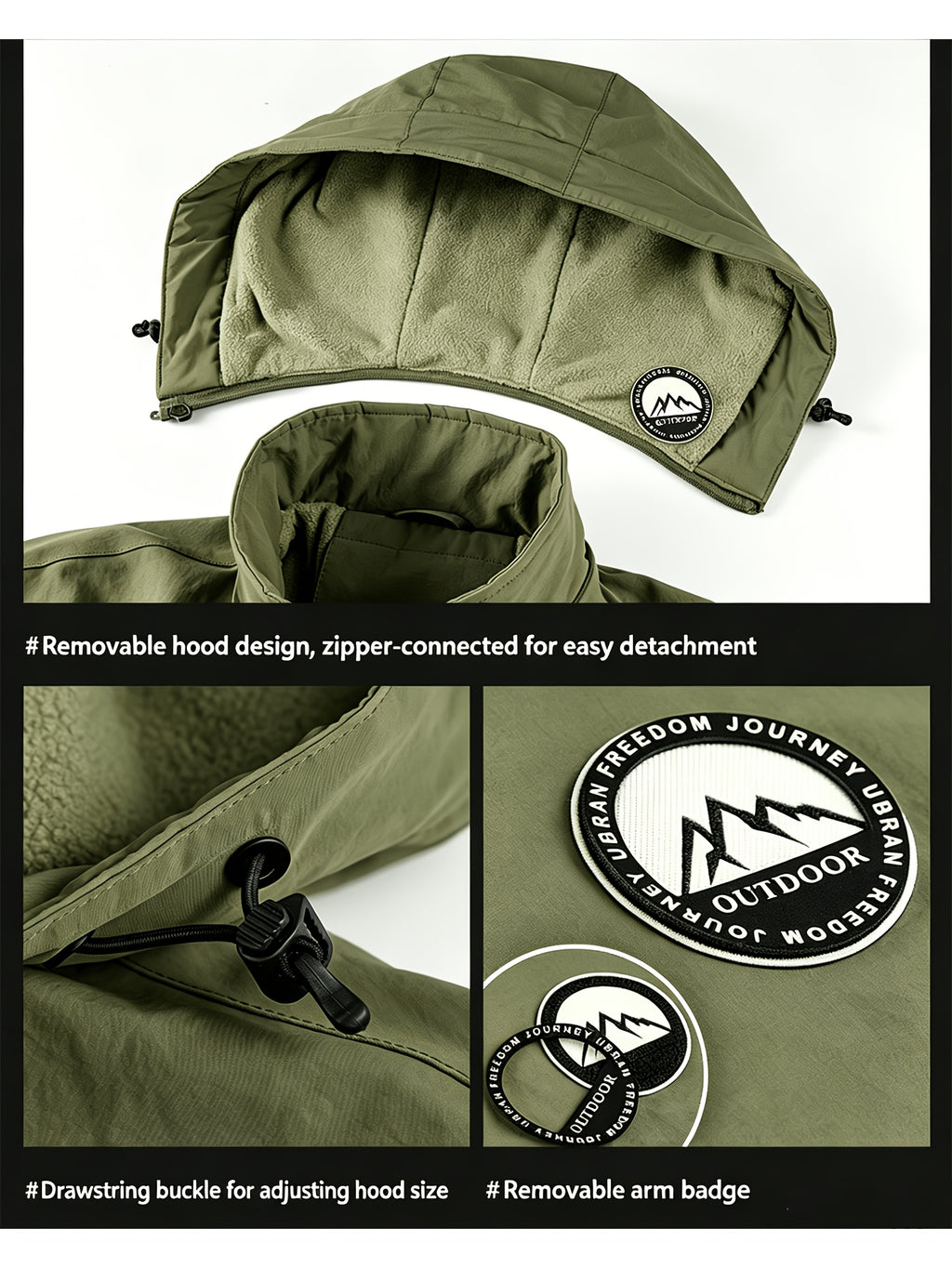 Fleece-Lined Cargo Jacket, Detachable Hood, Multi-Pocket Outerwear, Men'S Outdoor Hiking Commuter, Loose Thickened Plush Lining, Detachable Arm Badge Windproof Warm Functional Jacket - Olive Green