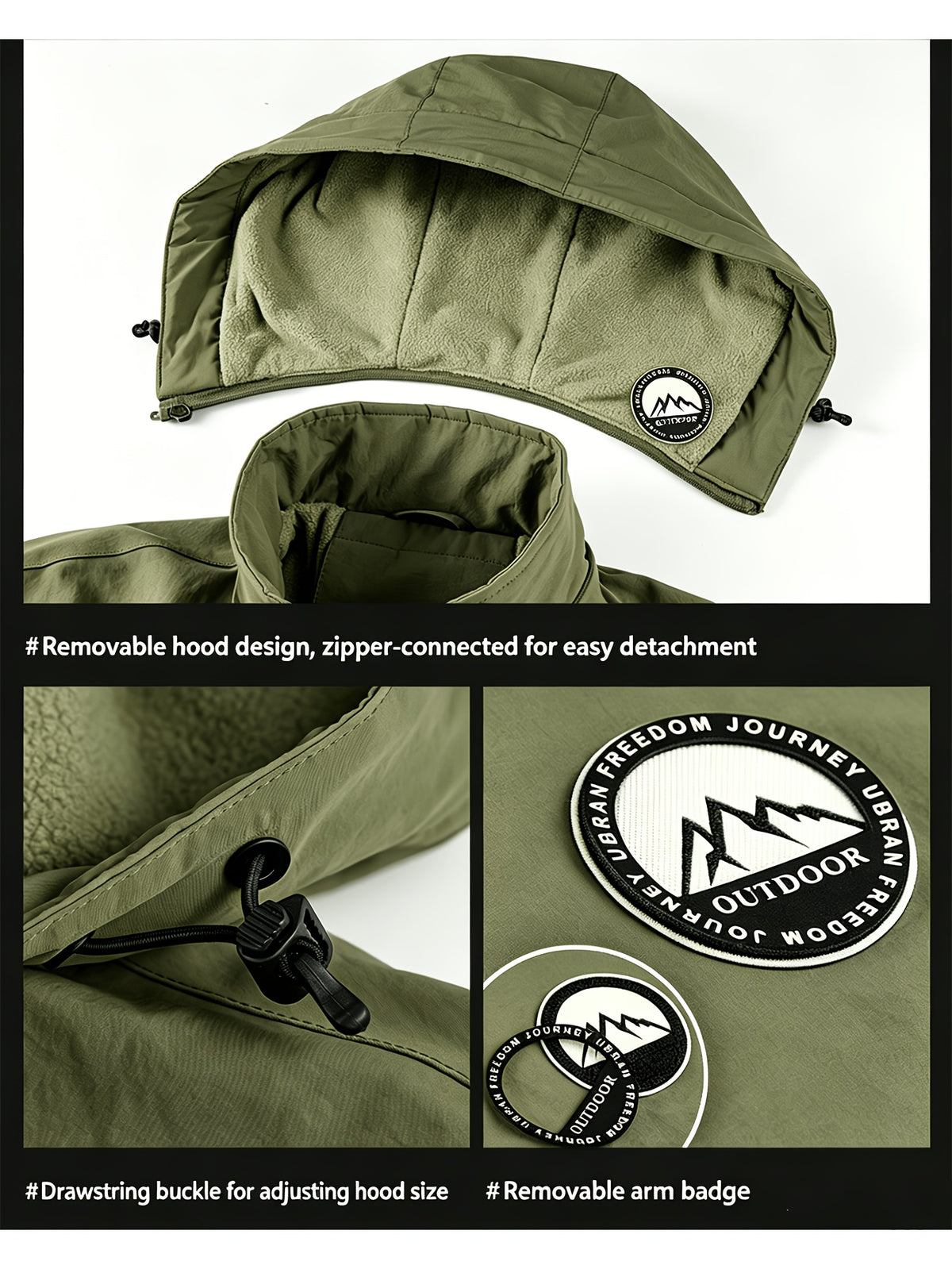 Fleece-Lined Cargo Jacket, Detachable Hood, Multi-Pocket Outerwear, Men'S Outdoor Hiking Commuter, Loose Thickened Plush Lining, Detachable Arm Badge Windproof Warm Functional Jacket - Olive Green