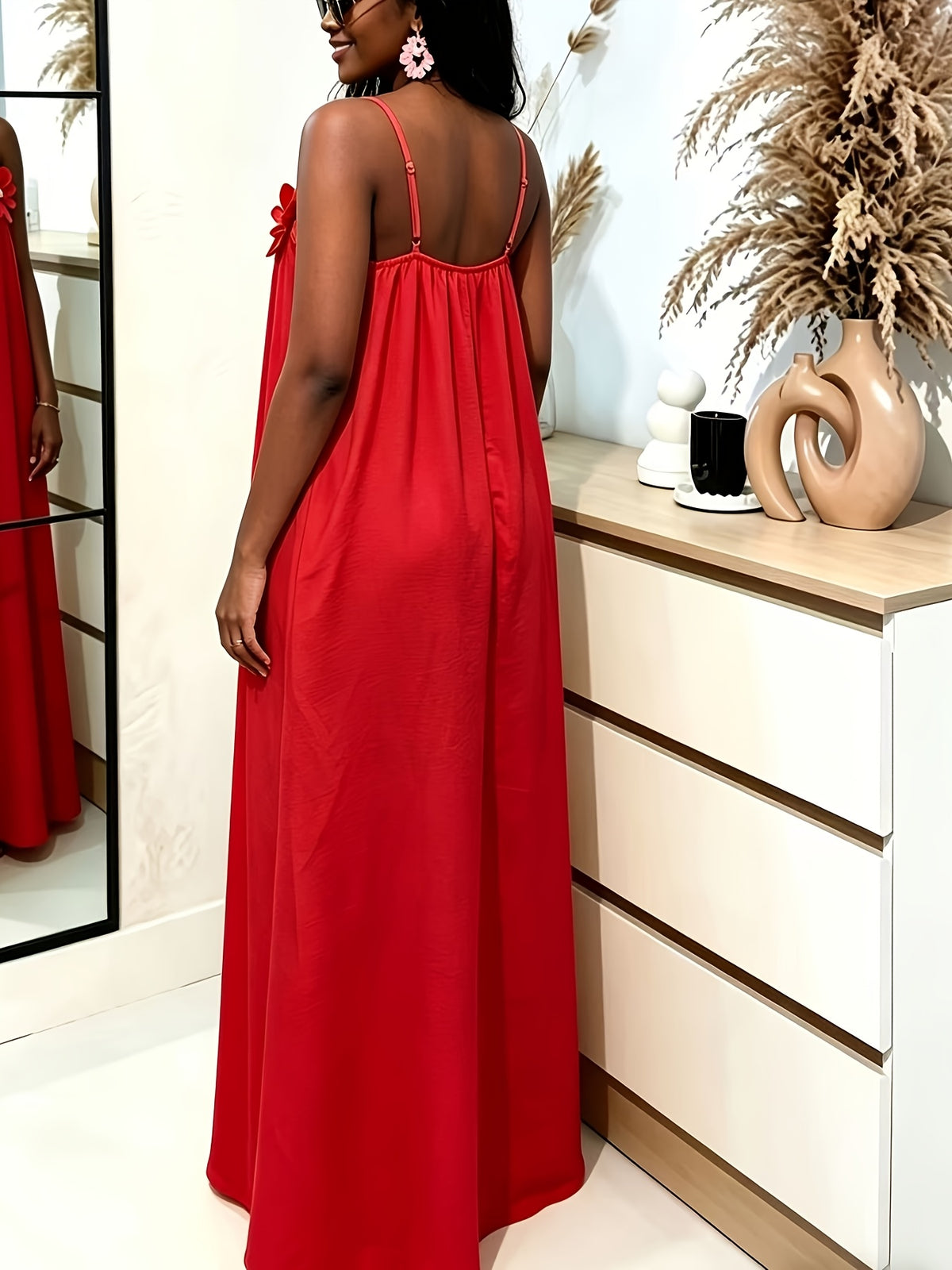 New Outing Party French Heavy Embroidery 3D Floral Sleeveless Cami Dress Loose Long Backless Vacation Light Dress - Red