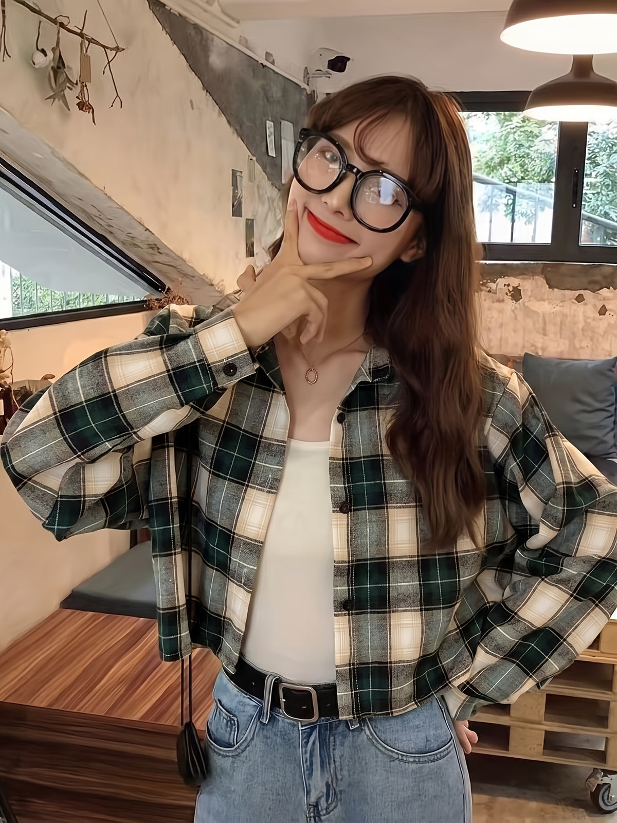 Short Sleeve Plaid Long Sleeve Casual Shirt for Women - Green Plaid