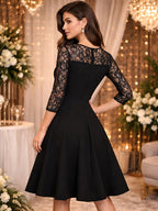 Elegant Women'S Dress, Black Lace Three-Quarter Sleeve A-Line Dress, Temperament Style, Suitable for Wedding Guests, Evening Parties, And Formal Occasions - Black