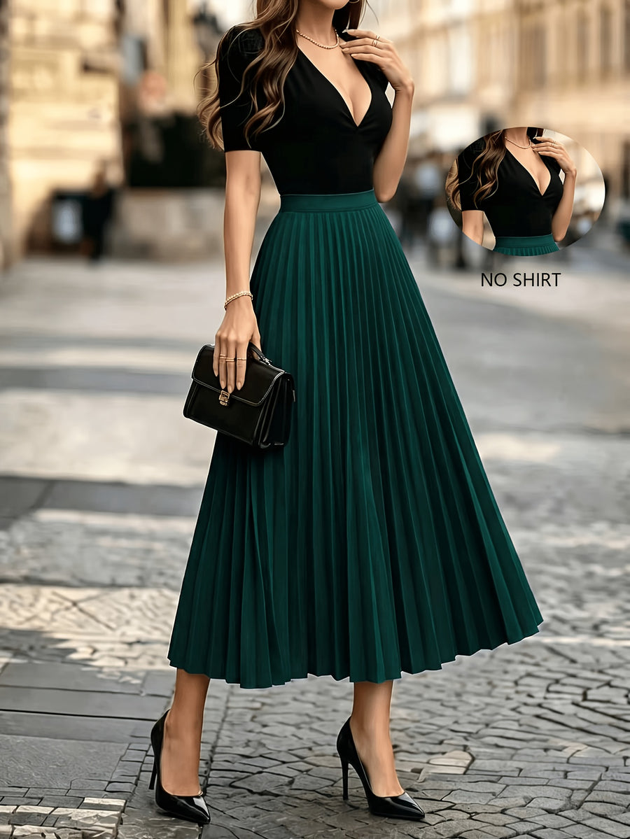 1pc Women's Skirt, Spring/autumn Solid Color Stretch Waist Sun Pleat A-line Skirt - Dark Green