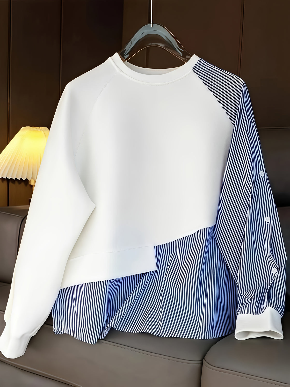 Women'S Irregular Striped Shirt Combined with a Sweatshirt - White