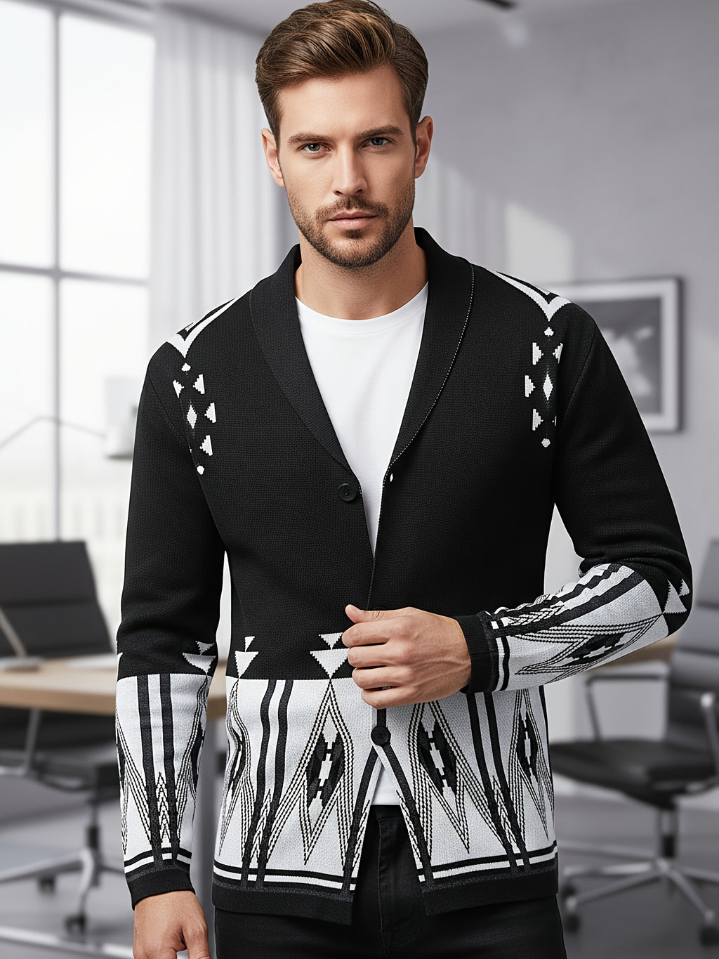 Men'S New Fashion Geometric Color Block Pattern Suit Collar Jacket Knitted Warm Top - Black