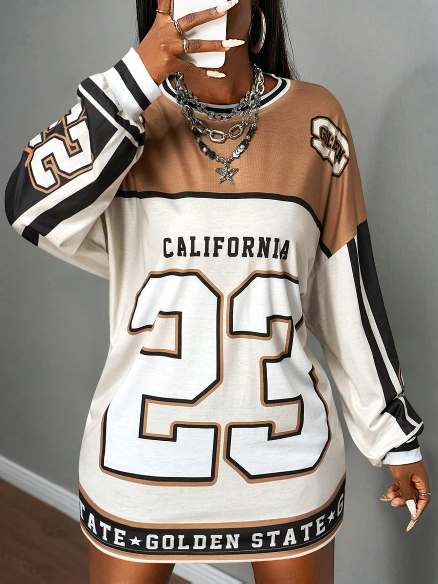 Round Neck Color Block Letter Print Long Sleeve Loose Casual Dress - Apricot