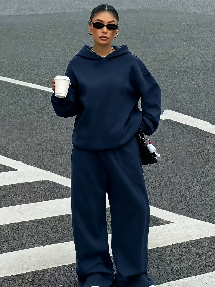 2026 Sporty Solid Color Hooded Sweatshirt Set for Women, Loose Drop-Shoulder Casual Wide-Leg Pants 2pcs Set - Navy Color