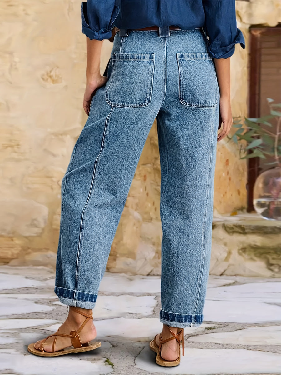 Women's Straight-Leg Stretch Pants - Beltless Washed Casual Jeans with Straight Leg Opening, Mid-Stretch Fit, Machine Washable - Wear (No Belt Included) | Elegant Special Line for Everyday & -Casual Outfits - Blue