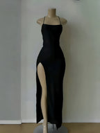 Elegant Fashionable Women'S Slim-Fit Backless Long Dress | Sexy Strappy High Slit, Solid Black Party Style Dress for Spring/Summer - Black