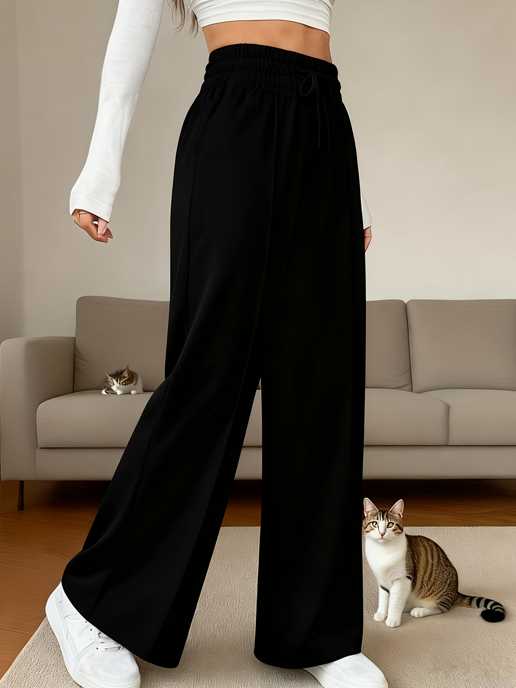 Women'S High Waist Wide Leg Pants Wrinkle Resistant Machine Washable Autumn Winter Casual - Black
