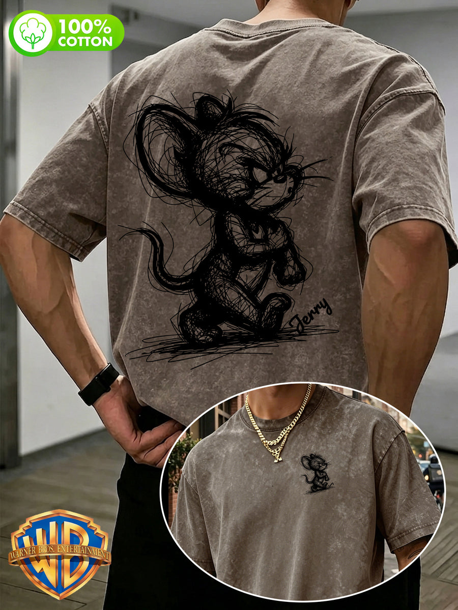 1pc, Men'S 100% Washed "Vintage Art Sketch Cartoon Print T-Shirt, Vintage Washed Distressed Fabric" Casual All-Match Loose Summer Round Neck Short Sleeve, Double-Sided Print - Suitable for Outdoor Activities, Gym, Daily Wear - Coffee Brown