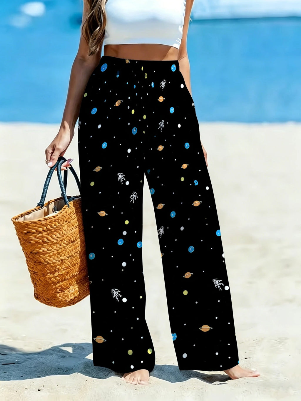 Women'S Casual Wide-Leg Pants, Planet Starry Sky Theme Print, Ideal for Women Who Cherish Romantic Ambiance, Suitable for Vacation Travel, Beach Strolls, And Casual Outings [Print Design - No Texture] - Mixed colors