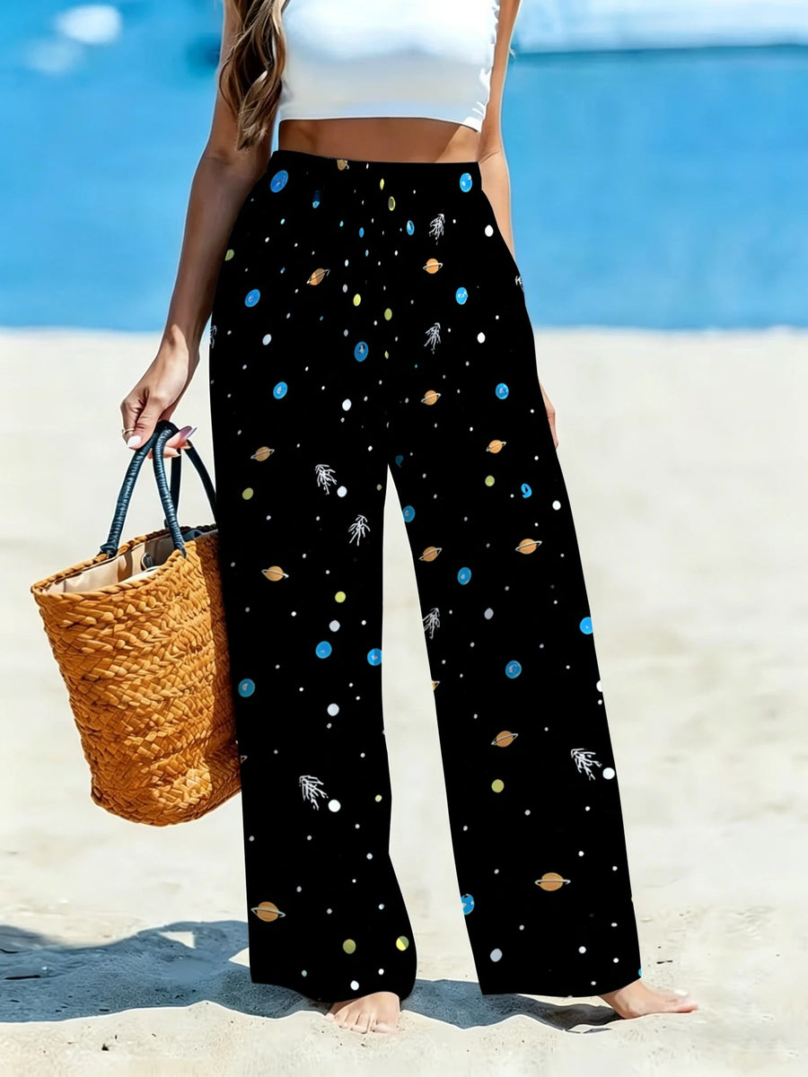 Women'S Casual Wide-Leg Pants, Planet Starry Sky Theme Print, Ideal for Women Who Cherish Romantic Ambiance, Suitable for Vacation Travel, Beach Strolls, And Casual Outings [Print Design - No Texture] - Mixed colors