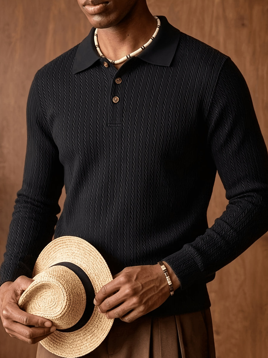 Autumn/Winter New Arrival: 1pc Men's Twisted Cable Vertical Stripe Knit Long-Sleeve Polo Shirt, Three-Dimensional Jacquard Texture, Classic Lapel, Vintage Brown Wood Grain Three-Button, Stretchy Soft Knitted Fabric, Solid Color Minimalist Top - Black