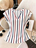 Striped Batwing Short-Sleeve Shirt, Women's Summer Casual Versatile V-Neck Batwing Sleeve Top, Women's Clothing - White