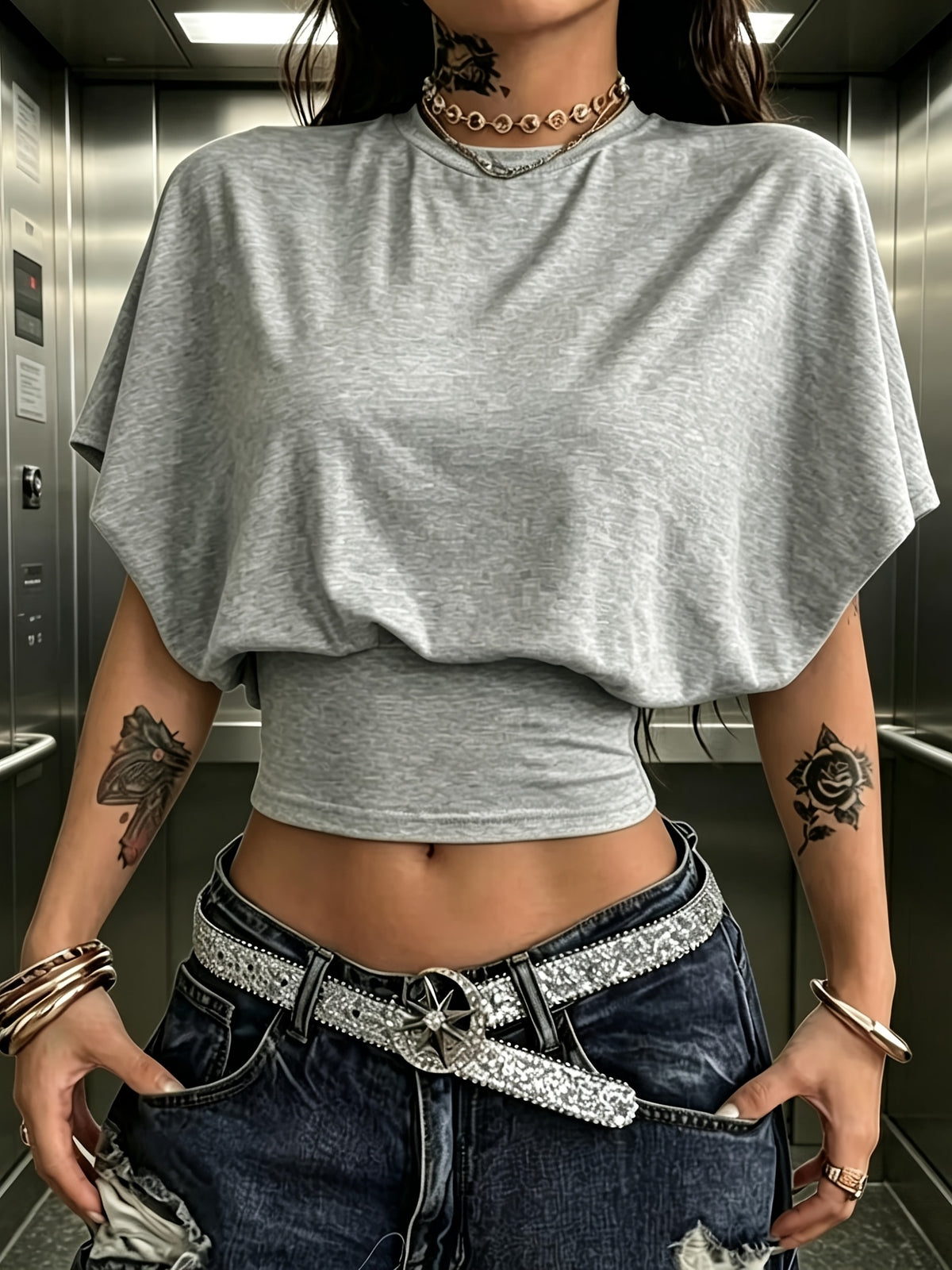 BK260403040 Women's Fashion Spring/Summer New Arrival, Stylish and Elegant, Solid Color No Print, Casual Versatile Waist-Cinching T-Shirt, Essential Basic Style—Suitable for Daily Spring/Summer Wear,, Beach, Vacation, and Home - Grey