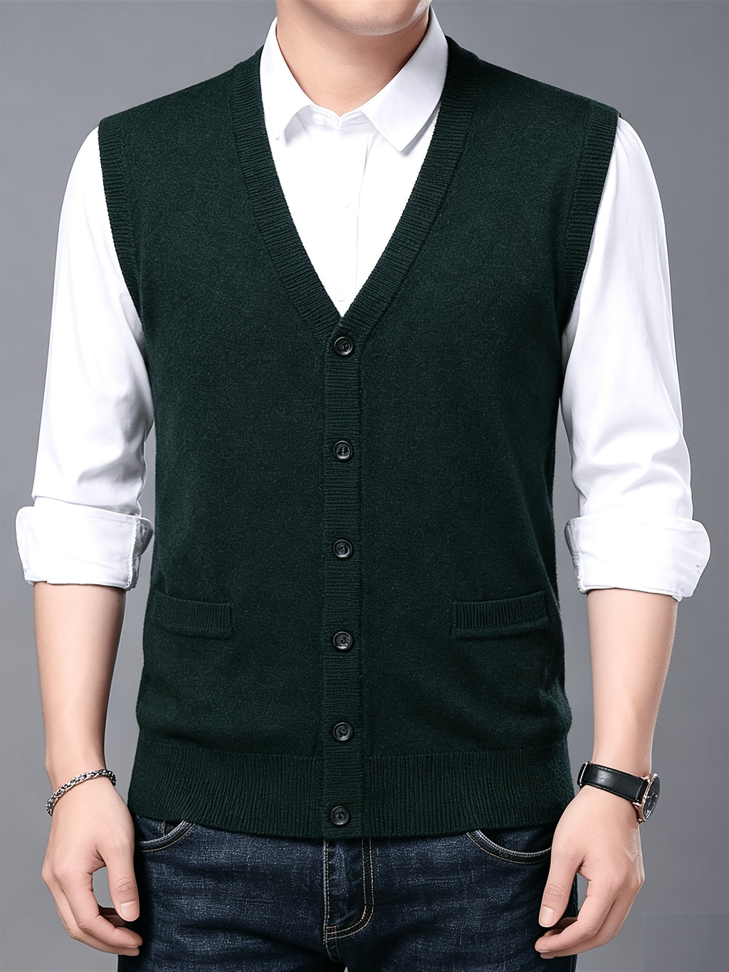 Autumn Winter Men'S Knit Cardigan Vest Men'S Casual Solid Color Pocketed Knit Vest Men'S V-Neck Open Front Sleeveless Sweater - Dark Green