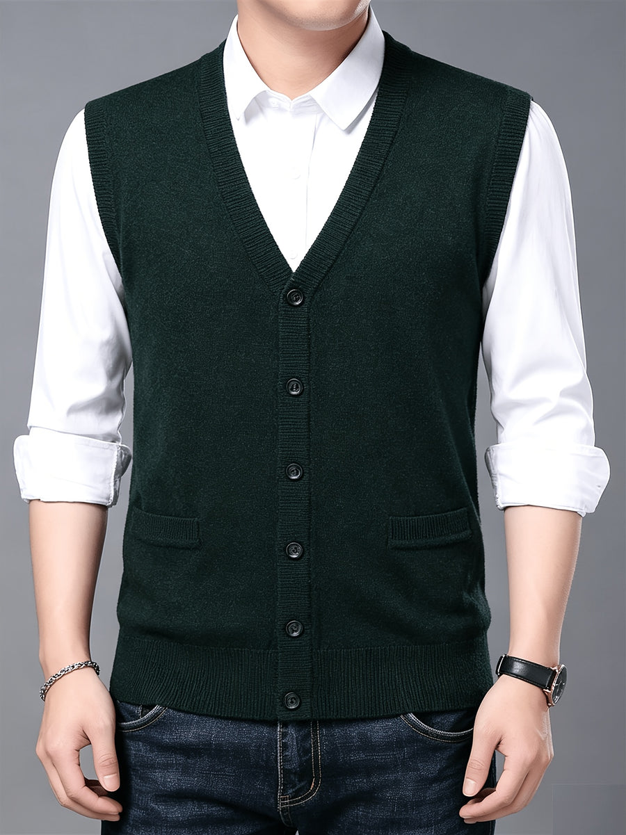 Autumn Winter Men'S Knit Cardigan Vest Men'S Casual Solid Color Pocketed Knit Vest Men'S V-Neck Open Front Sleeveless Sweater - Dark Green
