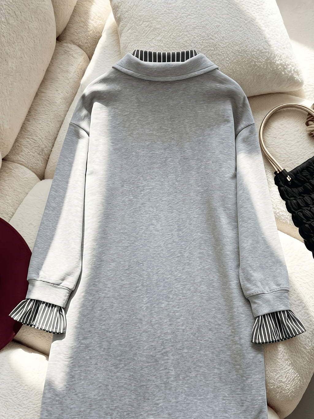 Grey Long-Sleeve 2-in-1 Look Sweatshirt for Women, Stylish Loose Fit, Casual, Age-Reducing, Top - Black striped collar