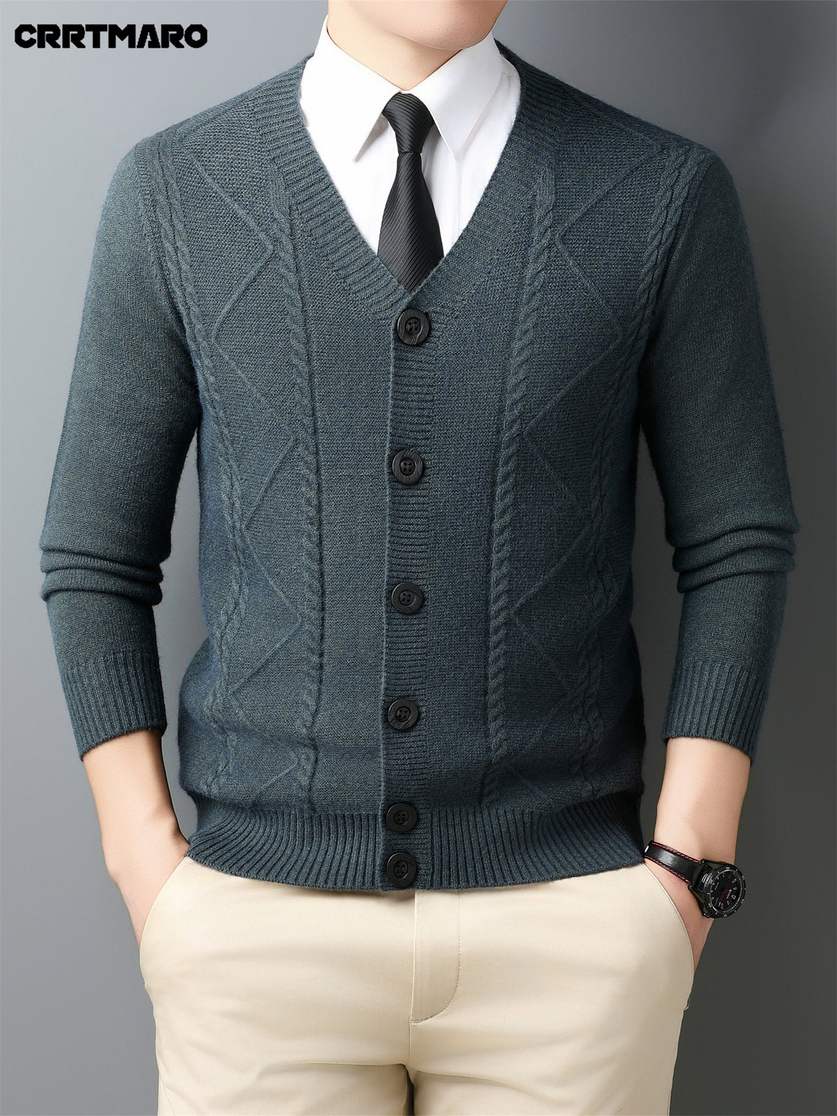 Men'S Wool Blend, Thick Knit Cardigan, Warm Casual Layering Top for Fall And Winter - Dark Green