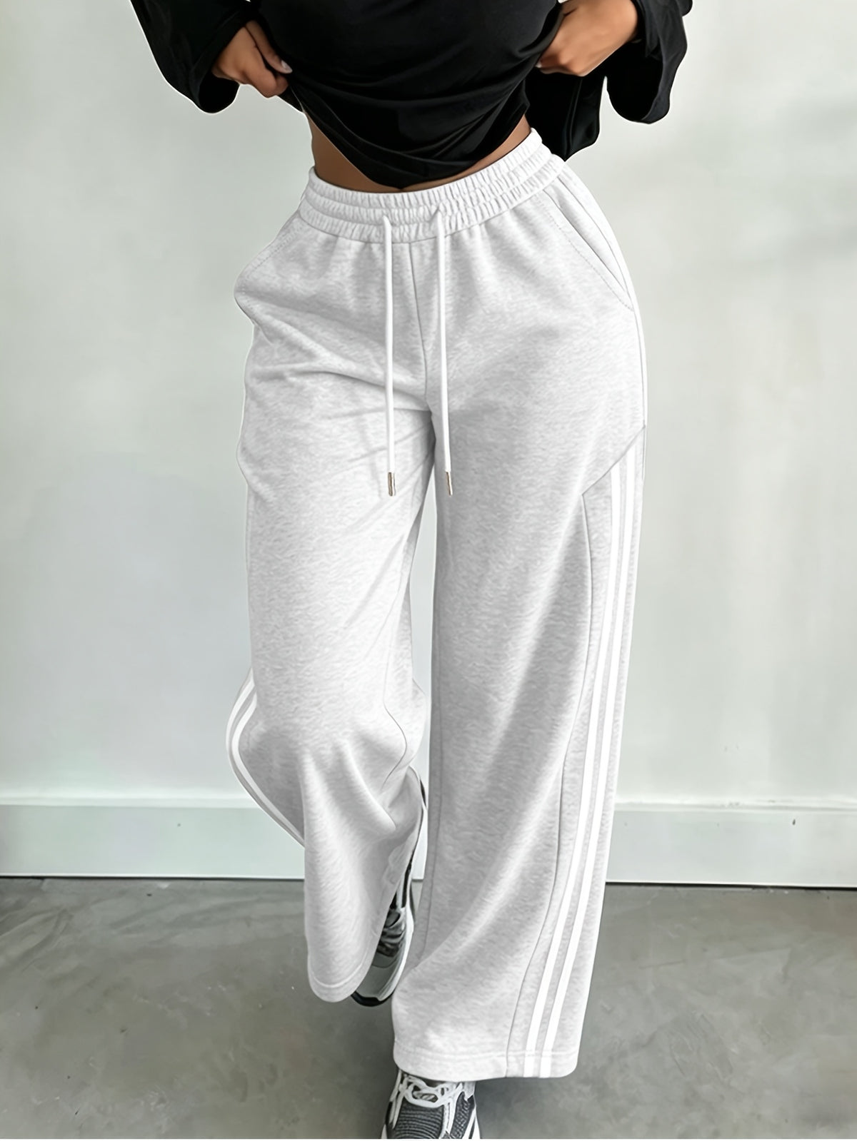 Halloween Autumn/Winter 2027NEW Women's Drawstring Waist Pocket Patchwork Casual Sweatpants, Ladies' Spring Autumn Casual Drawstring, Pockets, Side Stripe Natural Straight Leg Long Loose Pants, Casual Daily Wear, Back to - Grey