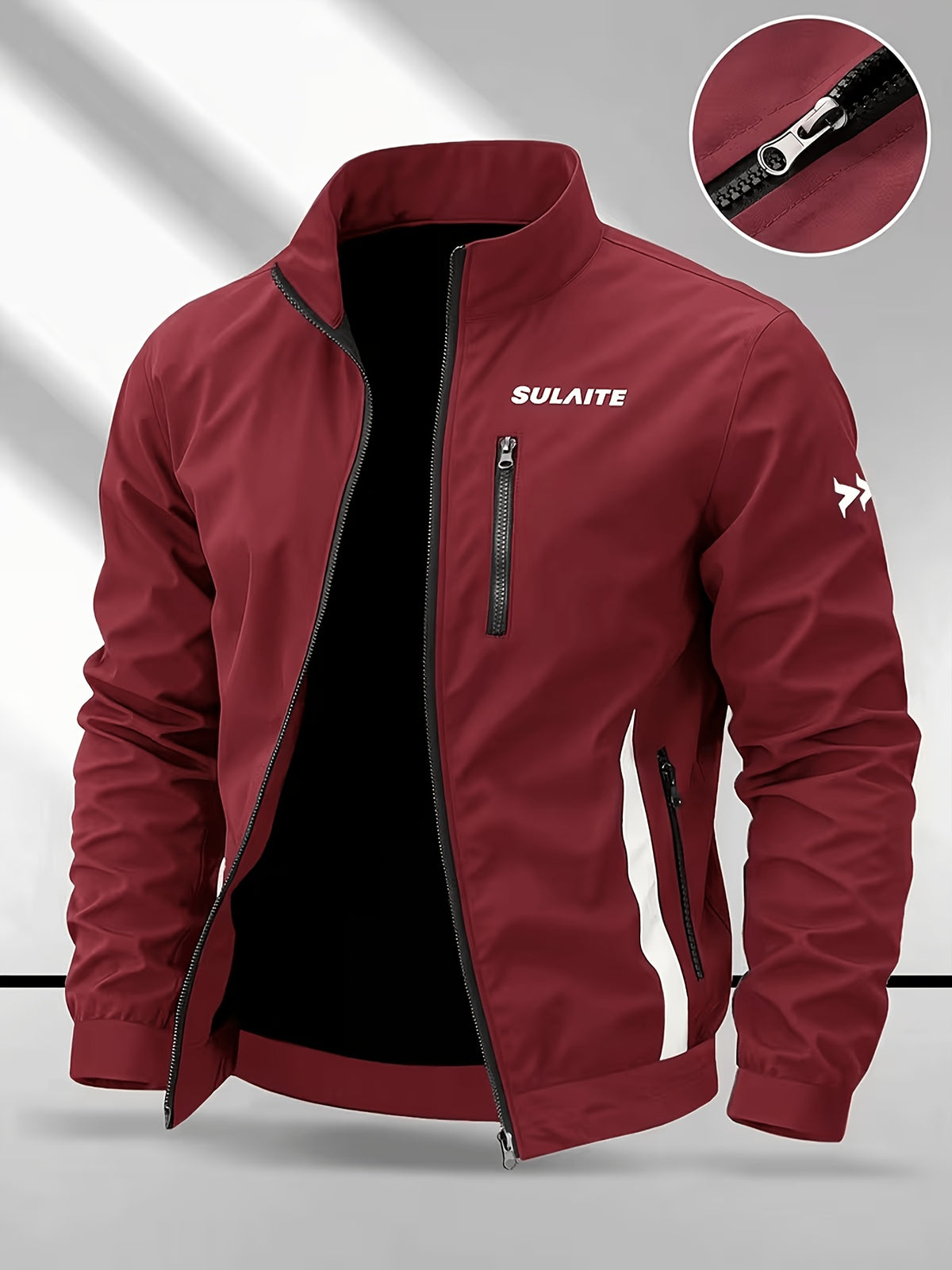 Men's Stand Collar Jacket with Color-blocking White Stripe Design and Logo, Business Casual Versatile Lightweight Windbreaker, Trendy Slim Fit Zip-up Sports Jacket, Suitable for Daily Work Wear. - Burgundy