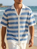 Men'S Striped Knit Short Sleeve Hollow Out Breathable Button-Up Shirt Suitable for Summer Beach And Daily Wear - Blue And White