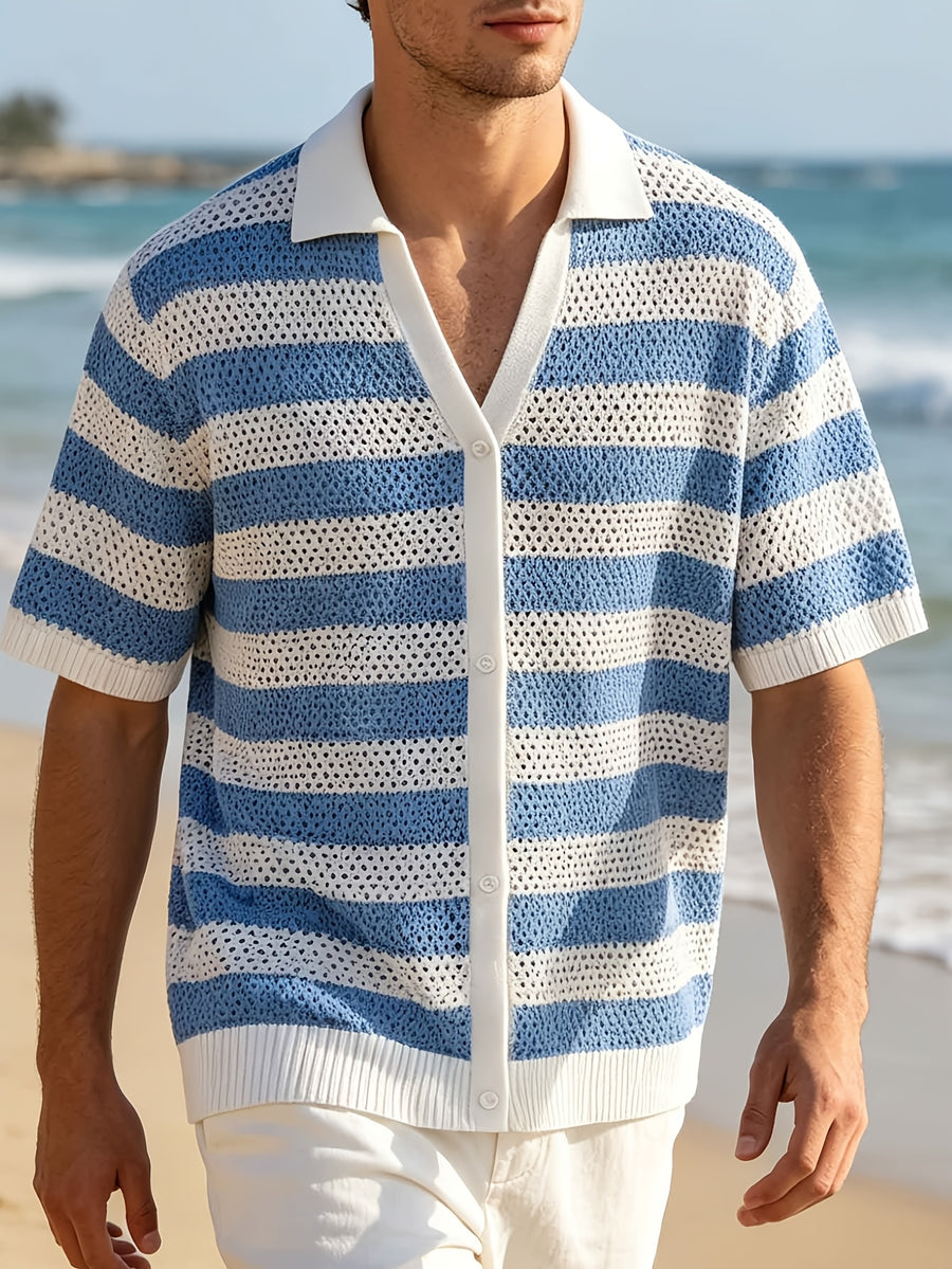 Men'S Striped Knit Short Sleeve Hollow Out Breathable Button-Up Shirt Suitable for Summer Beach And Daily Wear - Blue And White