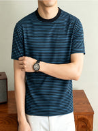 Classic Striped Durable Round Neck T-Shirt, Casual And Versatile, Slimming Top - Blue And Black Stripes