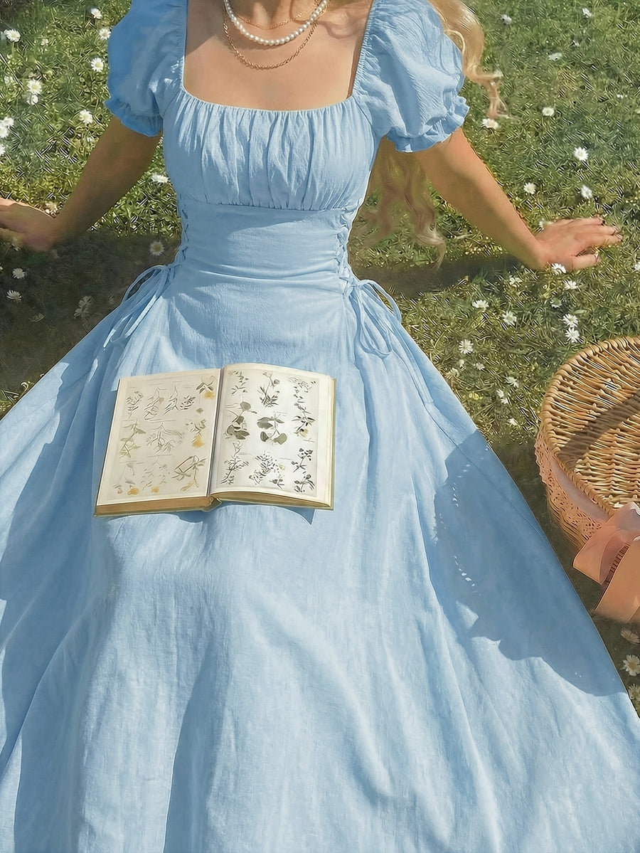 8022 French-Style Sweet and Elegant Women's Solid Color Waist-Cinching Short-Sleeve Dress - Sky Blue