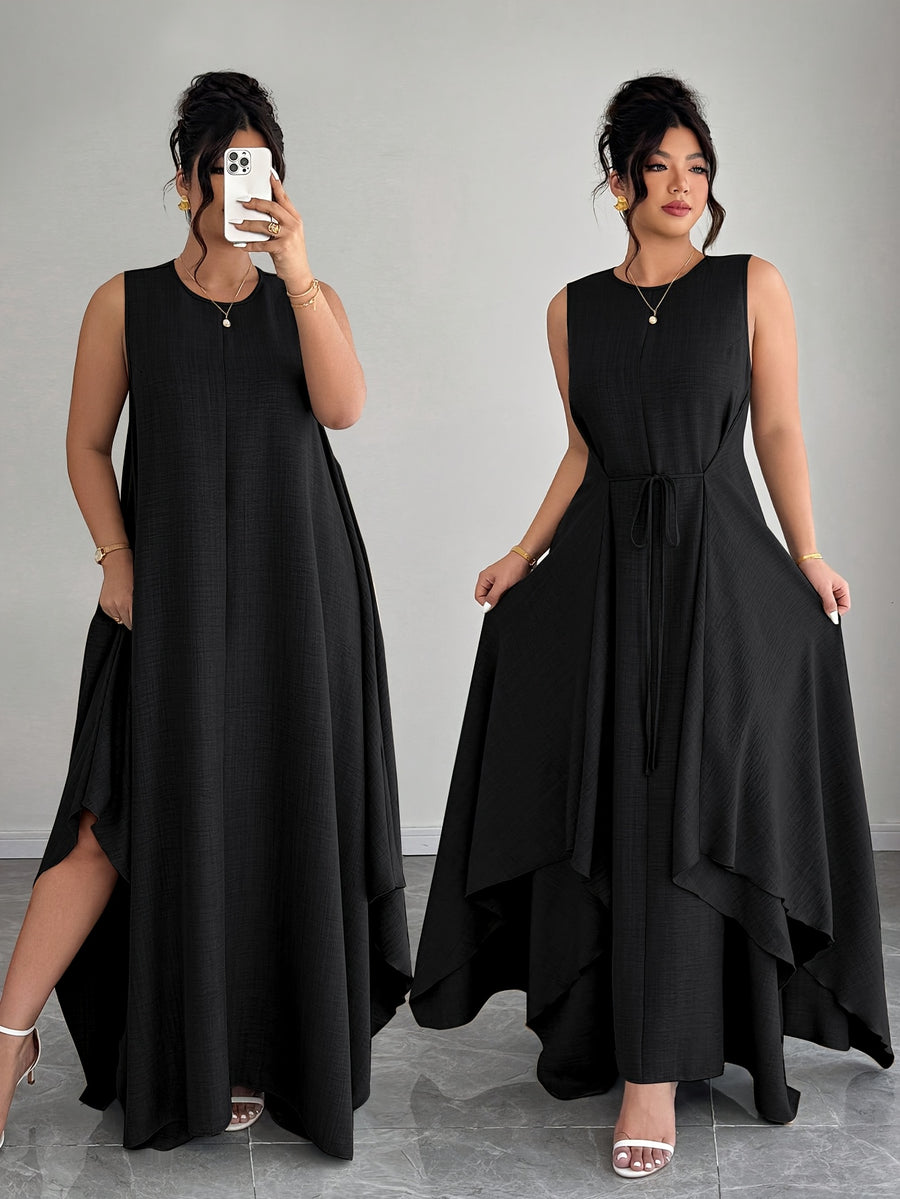 Women'S Elegant Vacation Casual Daily Outerwear Tie-Belt A-Line Asymmetrical Hem Dress - Black