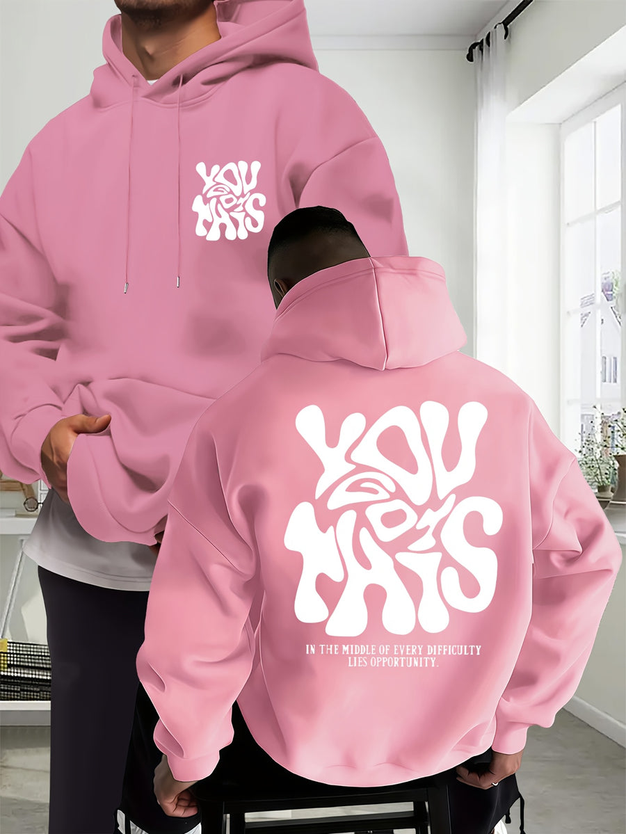 Men's New Trendy Autumn Winter Hoodie, Casual Daily Drawstring Creative Design Printed Sweatshirt with Front Kangaroo Pocket Unisex Top - Pink Color