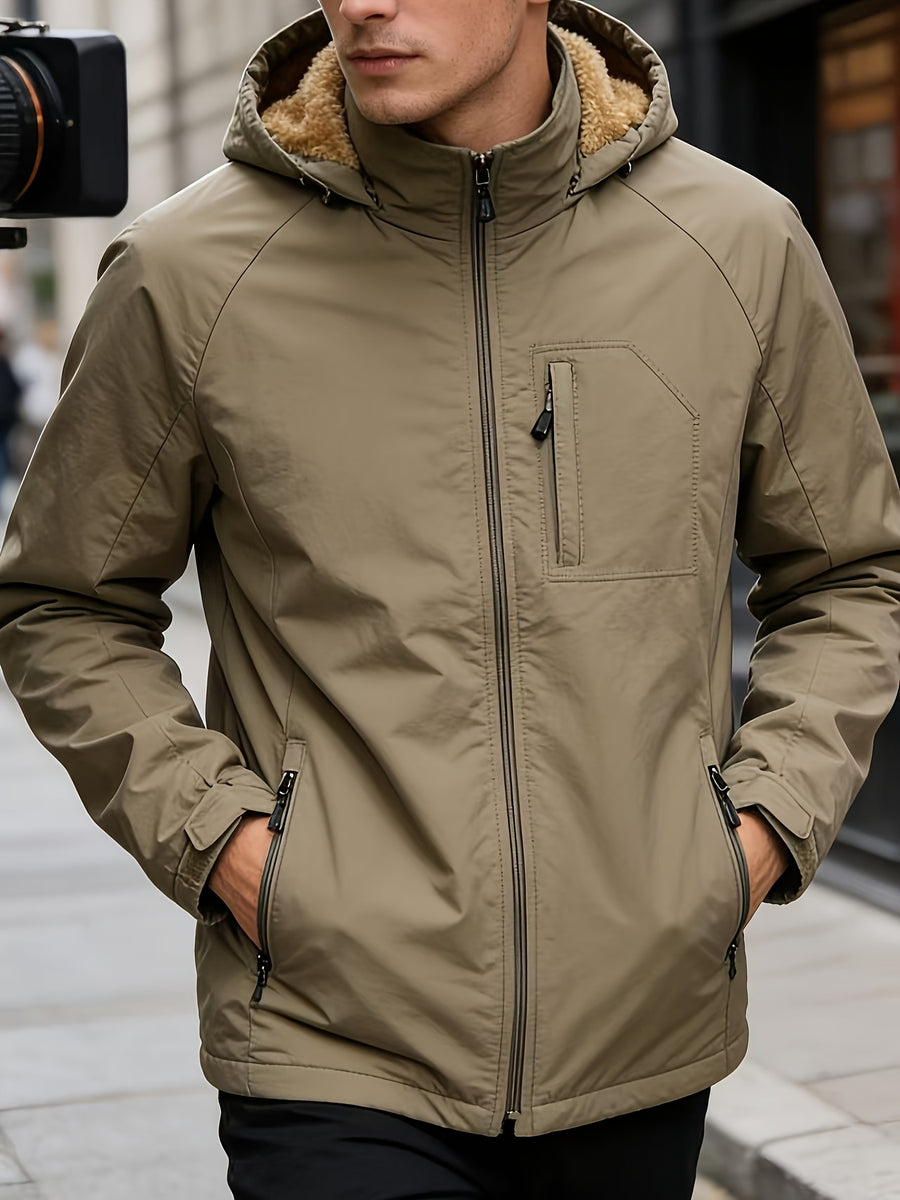 Men's Thick -Lined Casual Hooded Jacket - Khaki-1