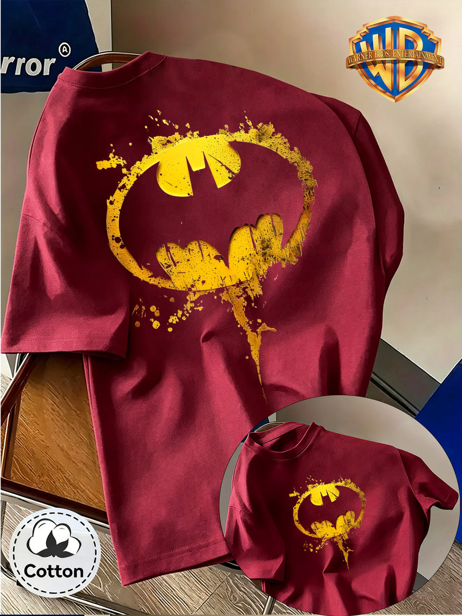 WB Warner Bros. DC Batman Official Men's T-Shirt - 100% Cotton Loose Fit Retro Bat-Symbol Ink Splatter Logo Print, Dad+Me Suitable for Summer Casual Wear, Machine Washable Suitable for Parties, Gifts & Everyday Outfits - Burgundy