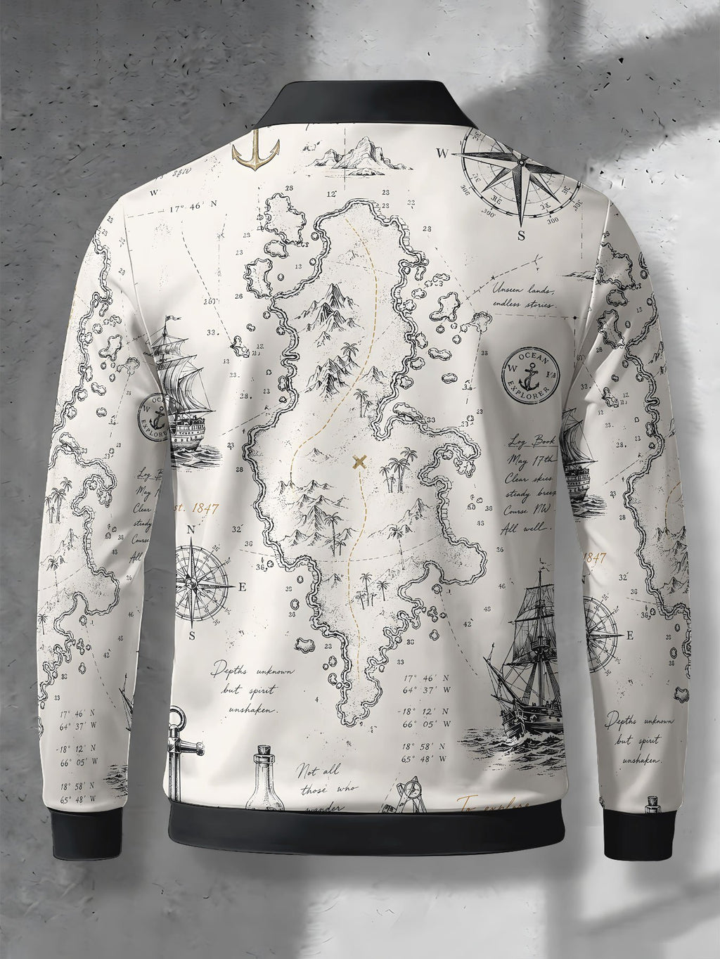 Men's Contrast Color Long Sleeve Polo Shirt, Lapel Collar Three-Button Casual Top with Vintage Nautical Manuscript Print, Versatile Men's Apparel for Spring/Autumn Business Commuting and Golf, Surprise Birthday/Holiday Gift for Young Men - Mixed Color C