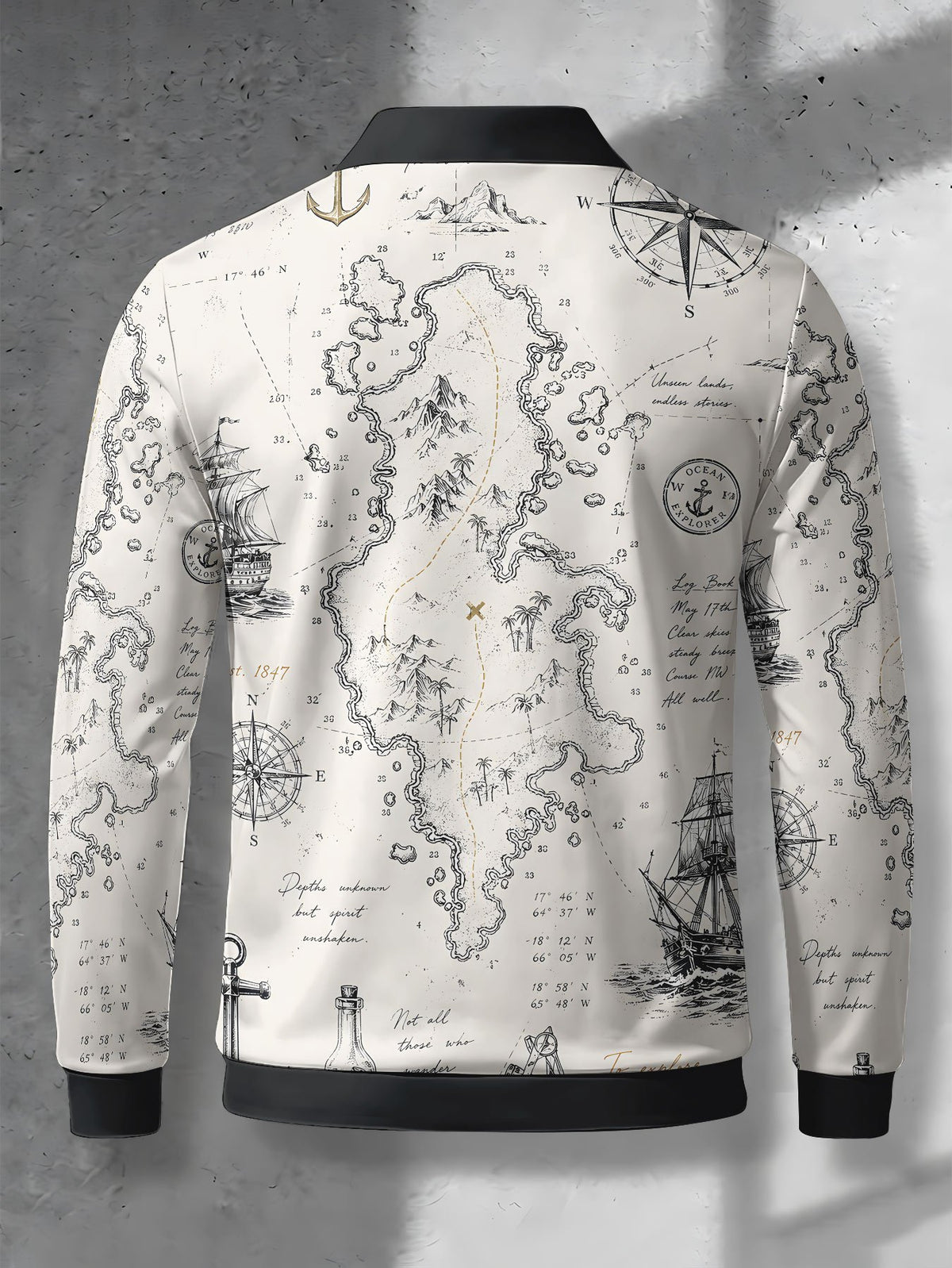 Men's Contrast Color Long Sleeve Polo Shirt, Lapel Collar Three-Button Casual Top with Vintage Nautical Manuscript Print, Versatile Men's Apparel for Spring/Autumn Business Commuting and Golf, Surprise Birthday/Holiday Gift for Young Men - Mixed Color C