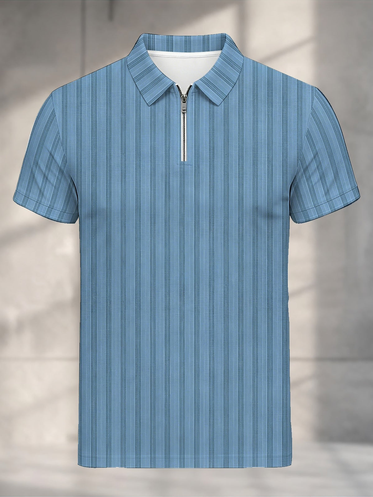 [Printed Design - Not Textured] Men'S Short Sleeve Zip Polo Shirt, Blue Vertical Stripe Pattern, Digital Print, Zip Placket, Polo Collar, Polyester, Casual, Daily Wear Commuting Weekend Leisure, Summer - Mixed colors