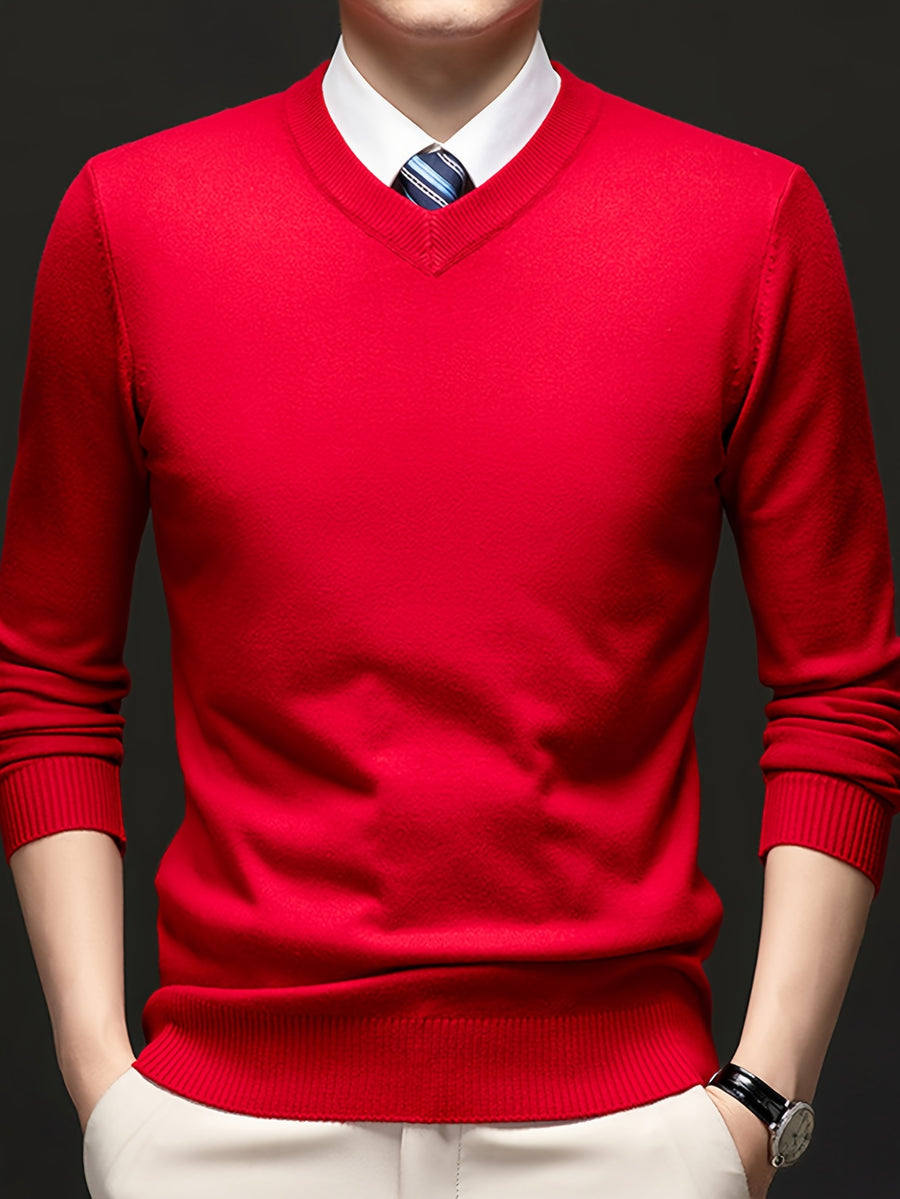 Men's V-neck Knit Base Layer, Form-fitting Without Being Tight, Accentuates a Clean Silhouette While Allowing Unrestricted Arm Movement. Suitable for Business Commutes, Family Gatherings, and Holiday Celebrations - Red