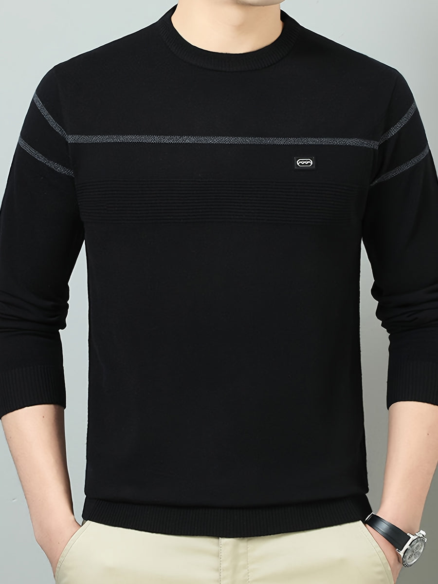 Men's Solid Gray Striped Crewneck Lightweight Knit Sweater, Featuring a Basic Crewneck Design, Ribbed Cuffs, and a Slim-fit Slightly Relaxed Silhouette. Suitable for Young Adults and Middle-aged Men, Ideal for Both Commuting and Daily Casual Wear - Black