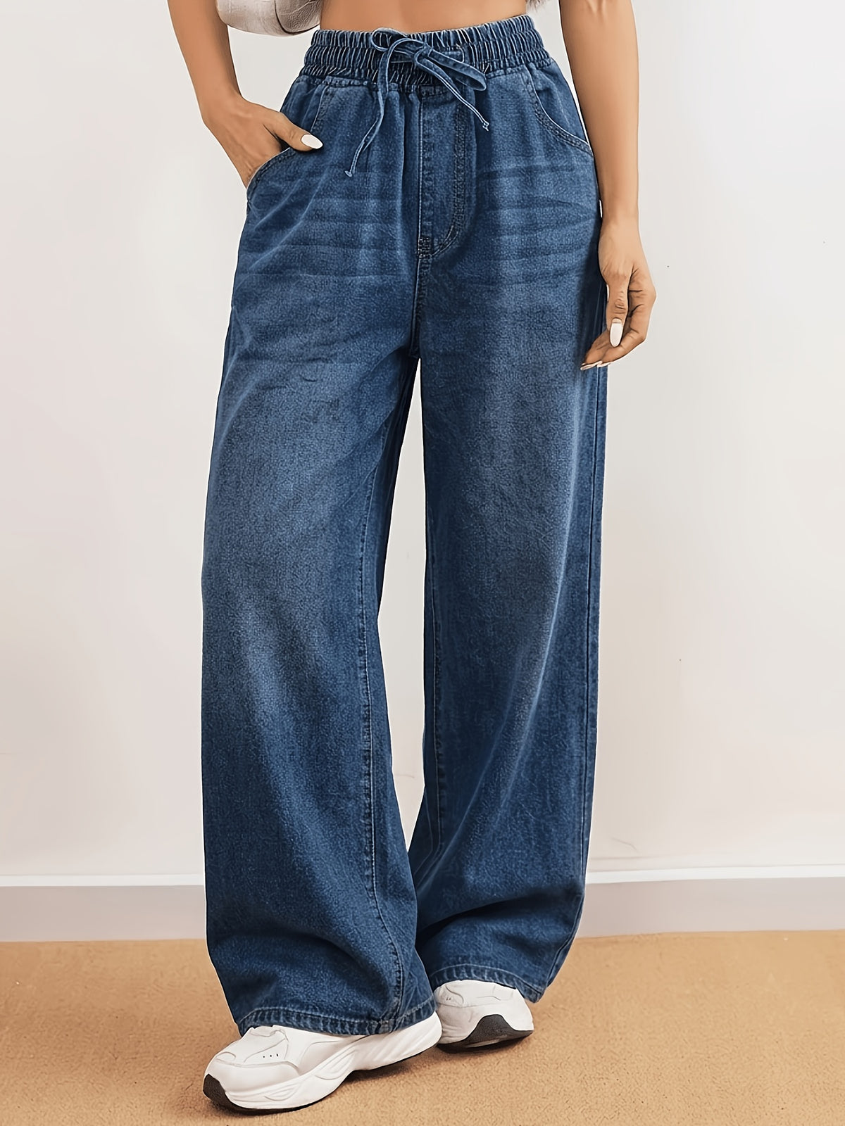 Summer Women'S Elastic Waist Lightweight Fabric Wide-Leg Jeans, Loose Drawstring High-Waist Thin Casual Denim Trousers, Suitable for Beach, Daily Commute, Casual Outings - Medium Blue