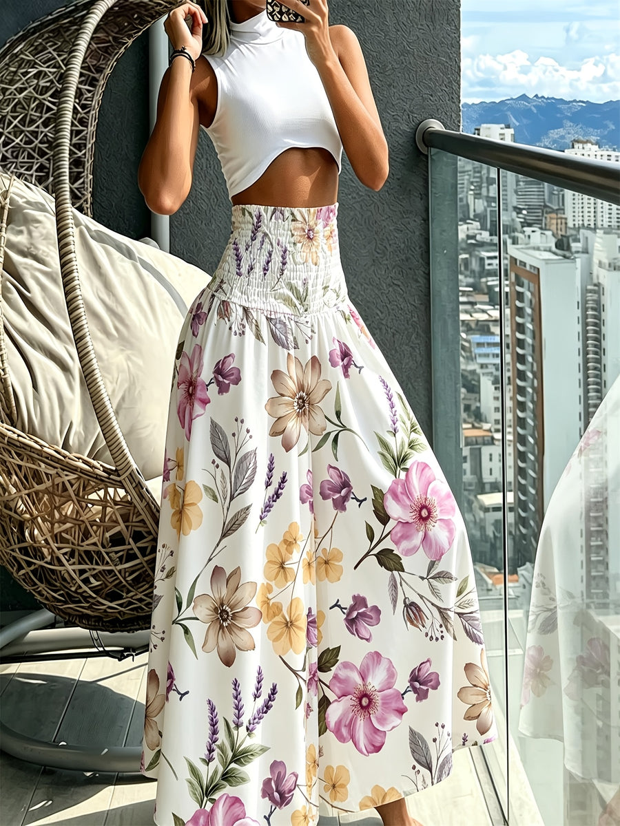 Women'S Floral Print Wide-Leg Pants High-Waist Ruched Waist Bohemian Style Long Trousers Flowy Vacation Pants - Multicolor 2