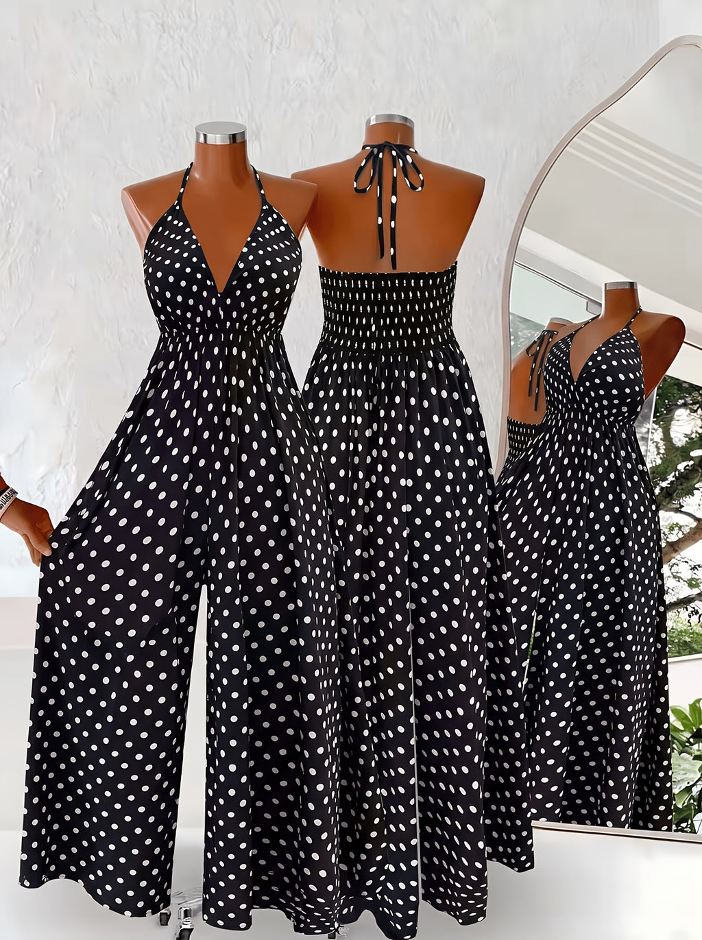 Polka Dot Halter Neck Jumpsuit for Women, Summer/Autumn Outing, Vacation, Fashion, Commute, Party, Deep V-Neck, Tie-Back, Backless, Wide-Leg Pants, Loose Fit, High-Waisted, Holiday Style, Camisole Long Pants - Black