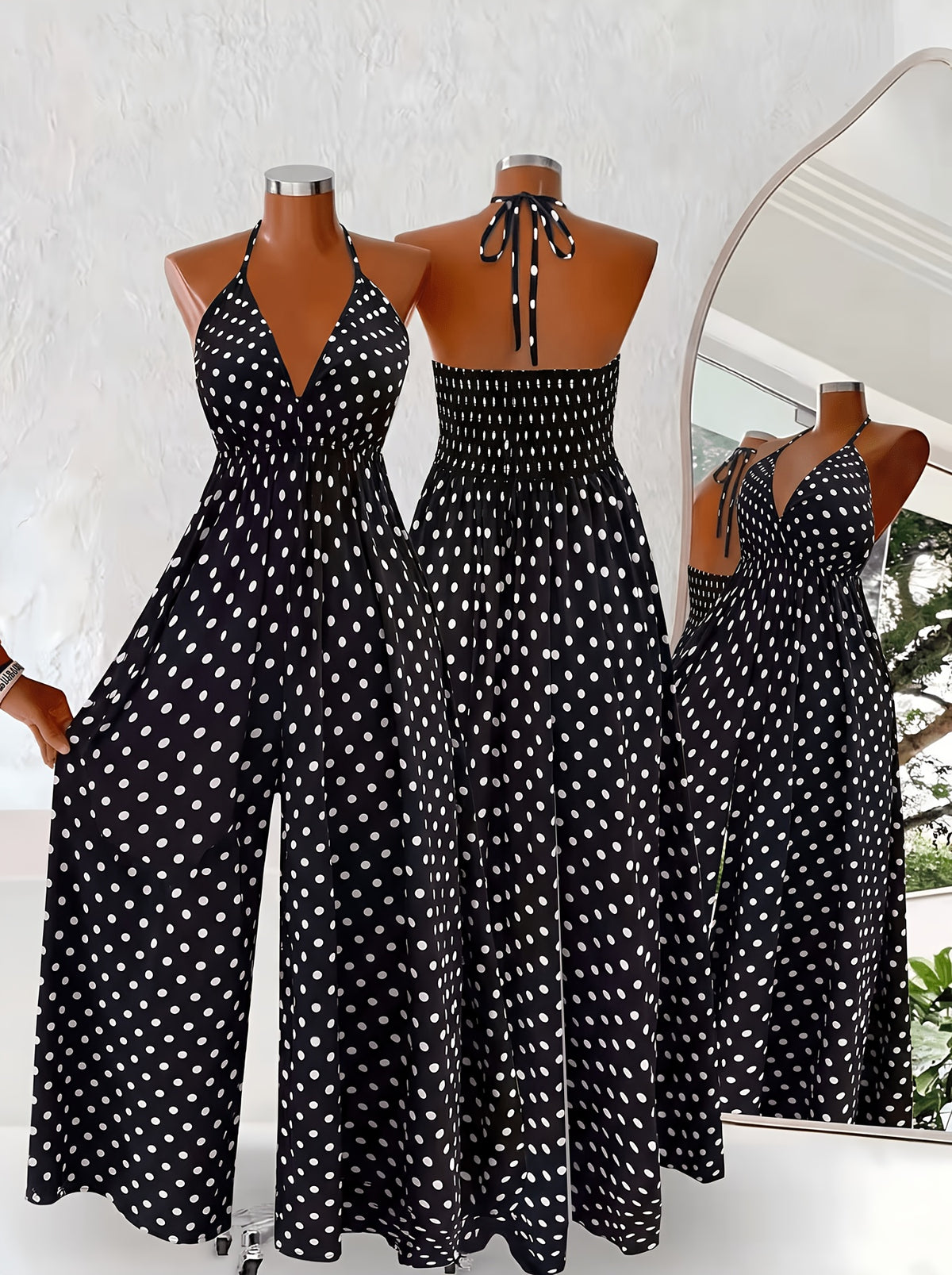 Polka Dot Halter Neck Jumpsuit for Women, Summer/Autumn Outing, Vacation, Fashion, Commute, Party, Deep V-Neck, Tie-Back, Backless, Wide-Leg Pants, Loose Fit, High-Waisted, Holiday Style, Camisole Long Pants - Black