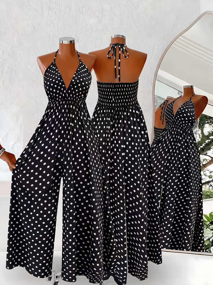 Polka Dot Halter Neck Jumpsuit for Women, Summer/Autumn Outing, Vacation, Fashion, Commute, Party, Deep V-Neck, Tie-Back, Backless, Wide-Leg Pants, Loose Fit, High-Waisted, Holiday Style, Camisole Long Pants - Black