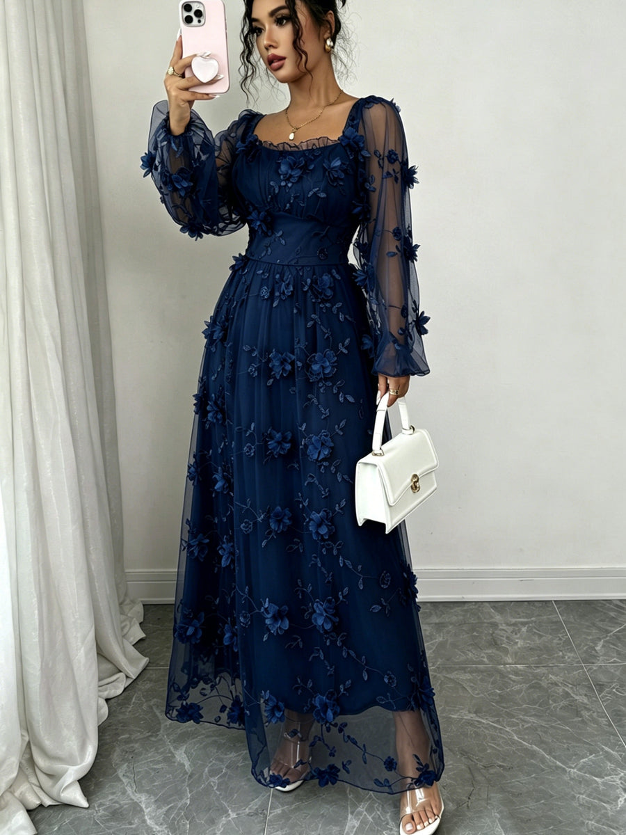 Elegant Mesh 3D Floral Dress, Fairy Style Square Neck Long Sleeve Maxi Dress, Date Afternoon Tea Gentle Style Dress - Navy Color