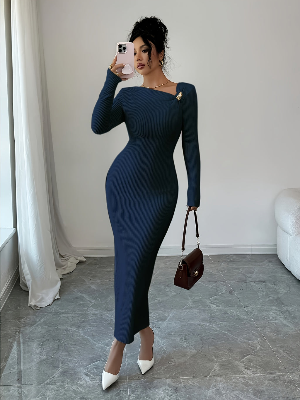 Elenzga Women'S Solid Color Long Sleeve Asymmetric Collar Bodycon Midi Dress | Elegant, Metal Decoration, Suitable For Spring/Summer/Fall - Blue