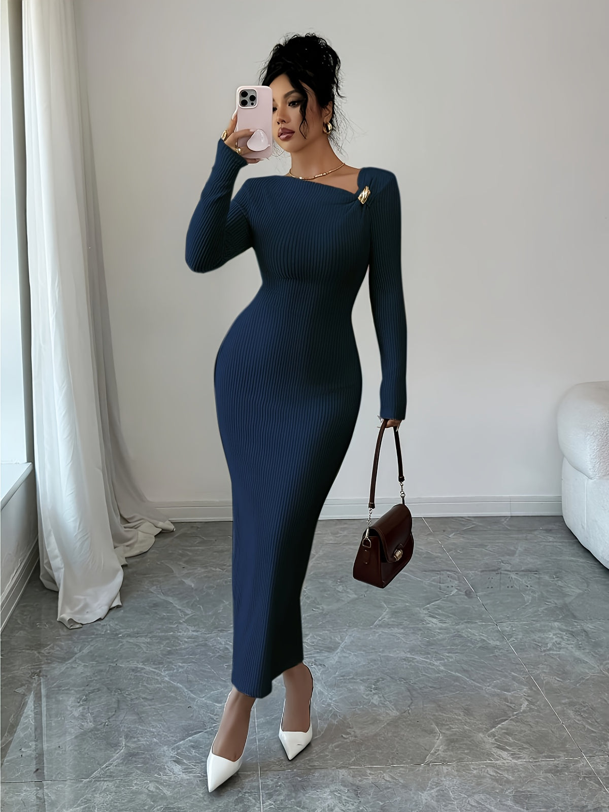 Elenzga Women'S Solid Color Long Sleeve Asymmetric Collar Bodycon Midi Dress | Elegant, Metal Decoration, Suitable For Spring/Summer/Fall - Blue
