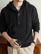 Men's Hooded Henley Neck Knit Sweater, 340GSM, 56.4% Polyester, 25.4% Nylon, 18.2% Acrylic, Half-Zip Drawstring Hooded Pullover, Anti-Pilling Warm Business Casual Long-Sleeve Knitwear - Black