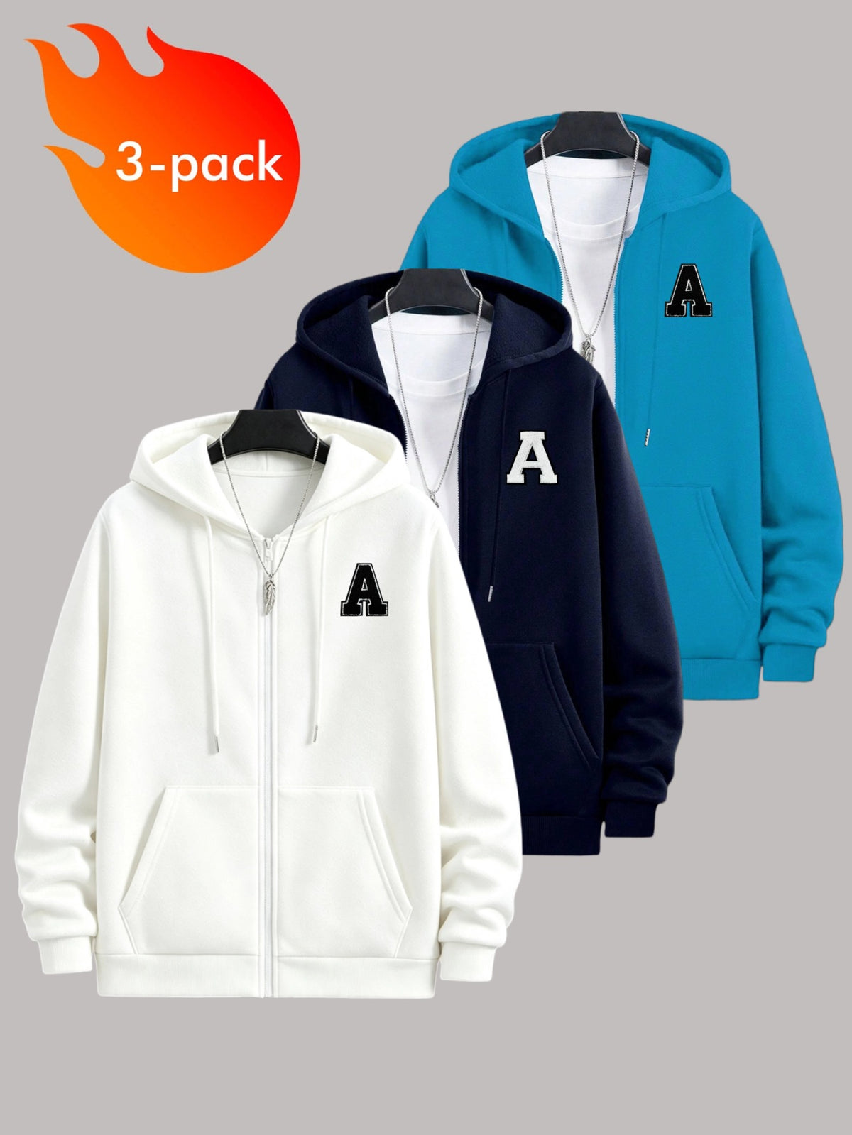 50%, 50% Polyester, 3pcs Men'S Patchwork Warm Fleece Zip-Up Hooded Sweatshirt, Men'S Clothing, Long Sleeve Fleece Jacket, Zip-Up Top, Hooded Sweatshirt, Pockets, Drawstring, Suitable for Outdoor, Casual, Back-To-School Season, Gift for Boyfriend - White + navy blue + blue