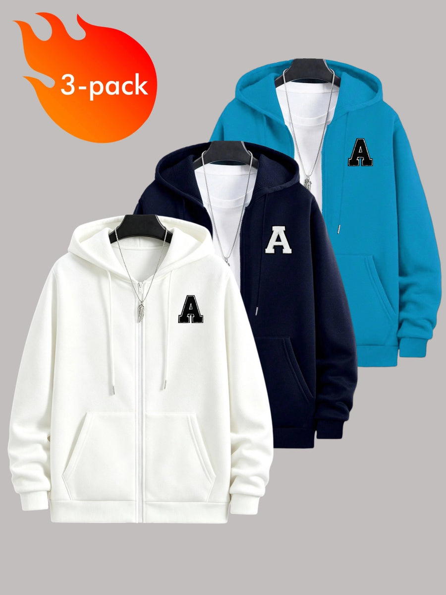 50%, 50% Polyester, 3pcs Men'S Patchwork Warm Fleece Zip-Up Hooded Sweatshirt, Men'S Clothing, Long Sleeve Fleece Jacket, Zip-Up Top, Hooded Sweatshirt, Pockets, Drawstring, Suitable for Outdoor, Casual, Back-To-School Season, Gift for Boyfriend - White + navy blue + blue