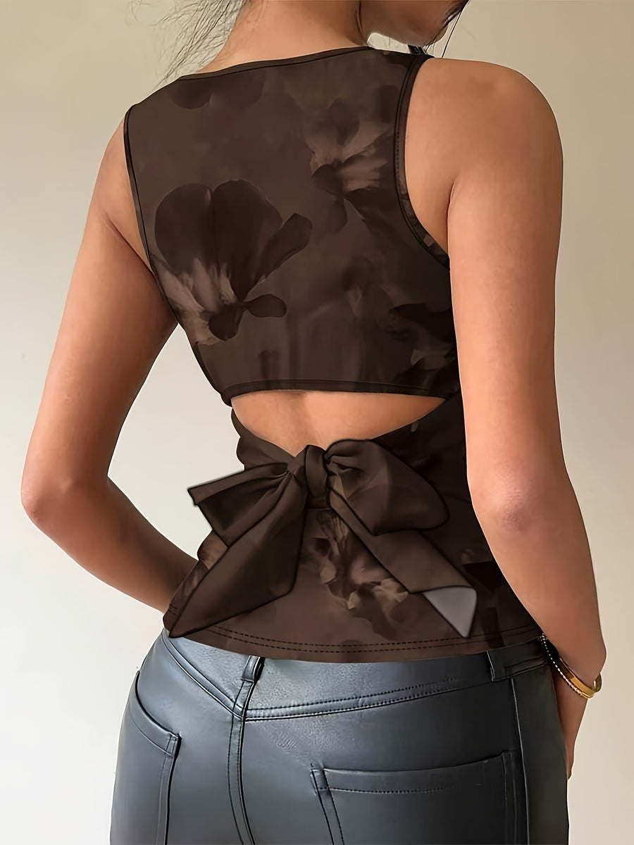 Vintage Brown-Toned Ink-Wash Smudged Floral Print Sleeveless Tank Top, Slim-Fit with Waist-Cinching and Exposed Waist Design, Back Cut-Out with Bow Tie Tie-Back Detail, Edgy and Chic, Waist-Defining for a Effect, Niche Pure Desire Style - Mixed colors